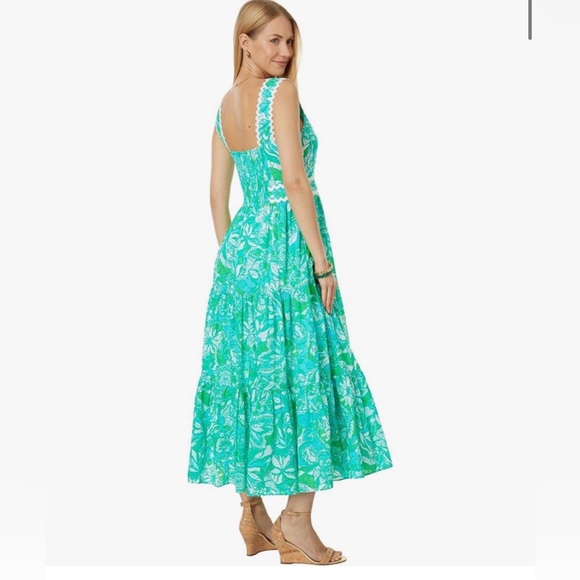 Lilly Pulitzer Pollie Cotton Midi Dress in Botanical Green Safari Print. - Picture 2 of 13